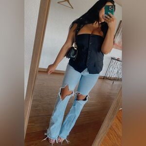 Pin striped blazer strapless top